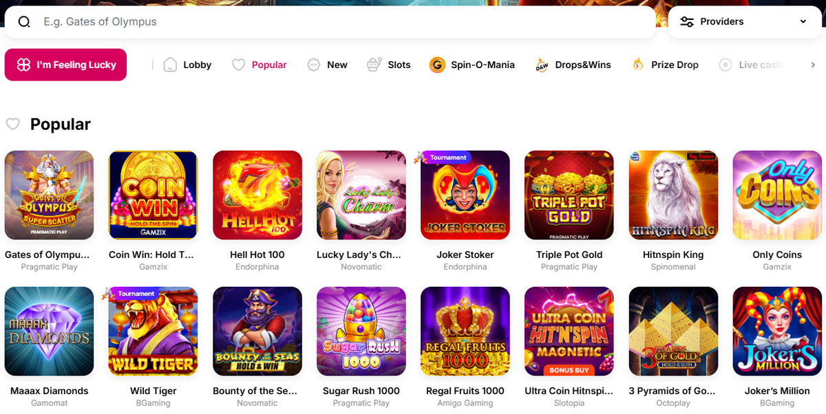Games and software at Hit’n’Spin Casino
